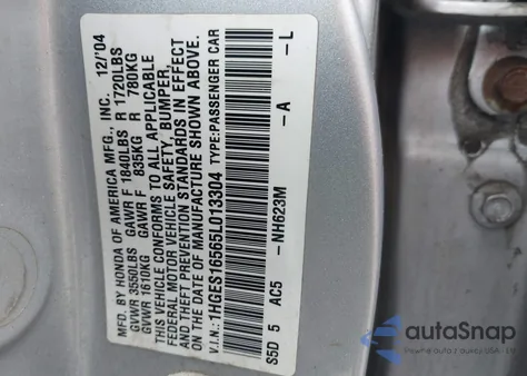 2005 Honda Civic Lx из США, поврежденный, VIN 1HGES16565L013304